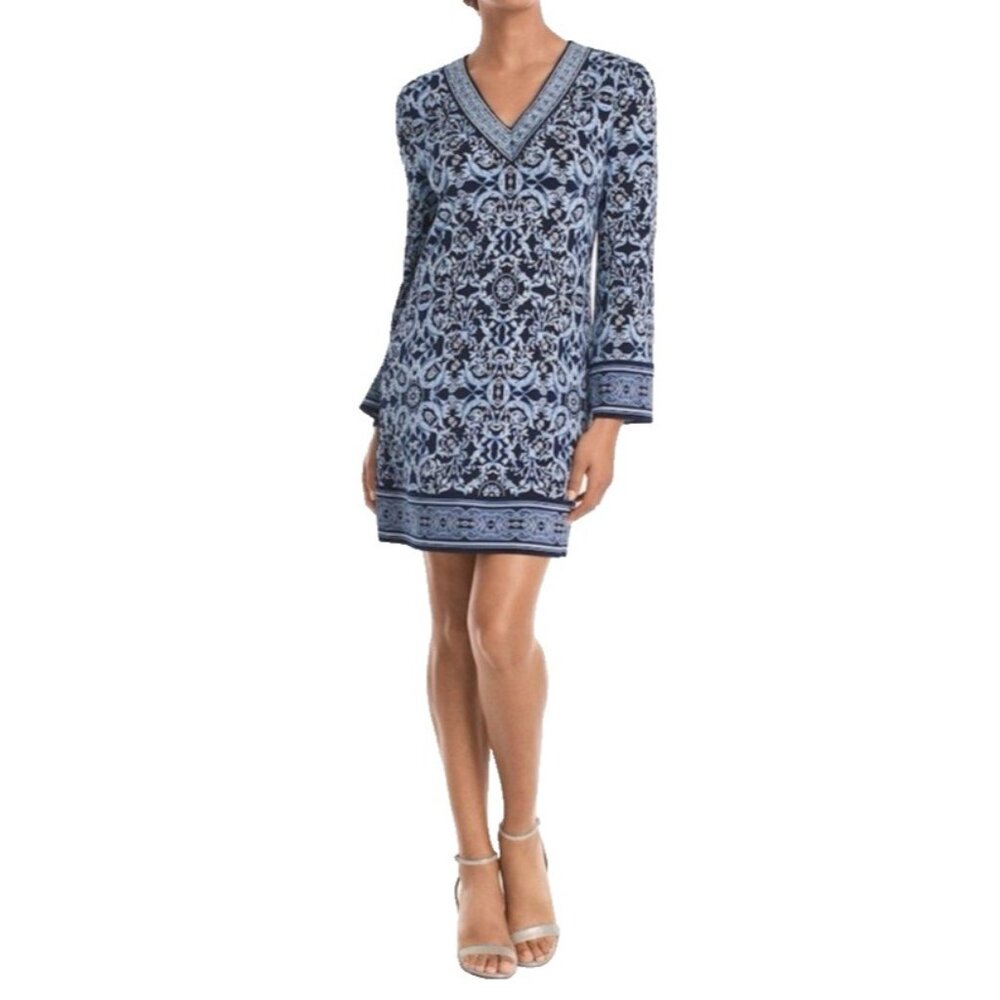WHBM Dress XS Extra Small 0 2 4 Blue White Stretch Sheath Washable Career Church